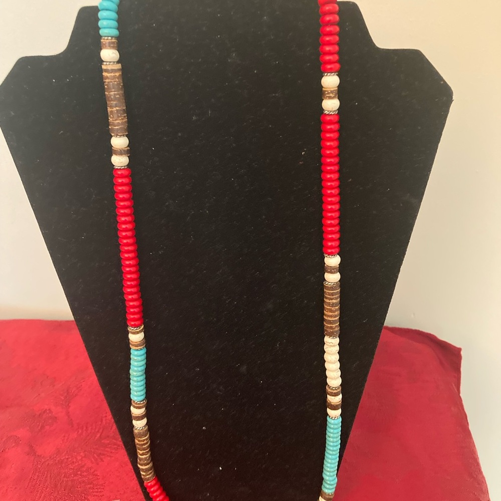 Vibrant Red and Blue Beaded Necklace